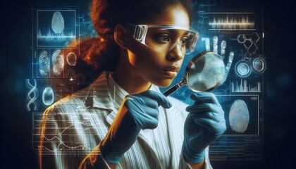 Forensic investigation techniques female scientist analyzing evidence in modern lab environment
