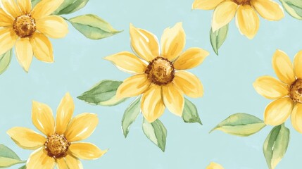 Watercolor Sunflowers on Light Blue Background: A Summer Floral Delight