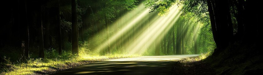 Sunlight Streams Through Lush Forest Trees On A Quiet Road