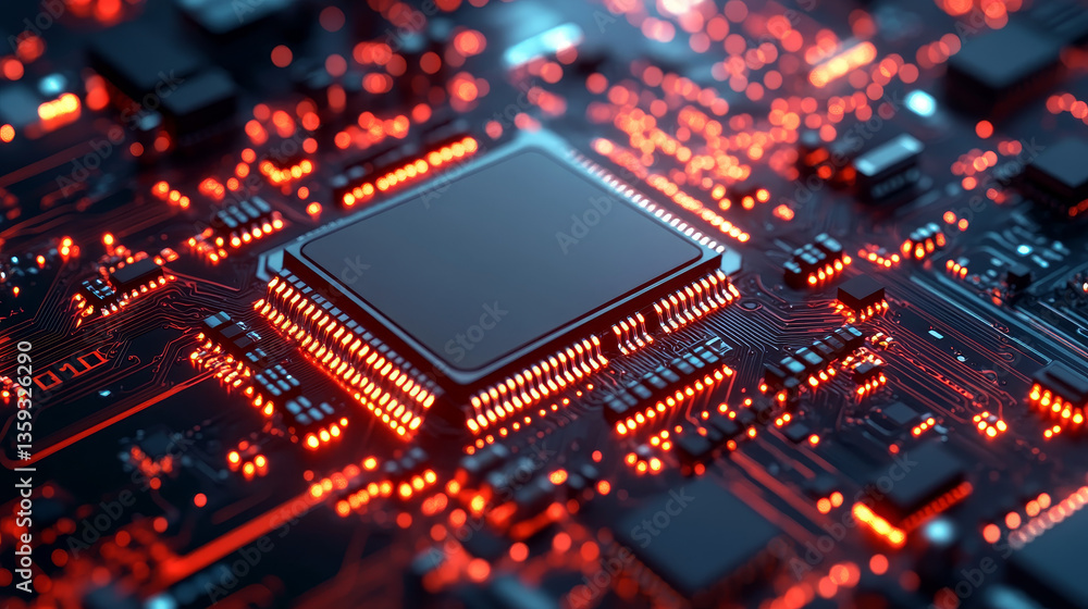 Poster quantum processor, cpu, futuristic computer circuit. high technology cyberspace. realistic 3d illust