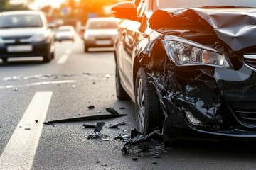Car accident scene on busy highway vehicle damage and traffic disruption urban environment close-up perspective road safety awareness