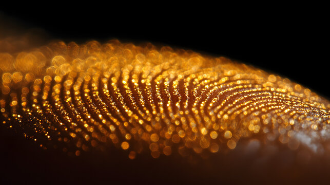 Mysterious Golden Fingerprint: A close-up, ethereal capture of a golden fingerprint, showcasing intricate ridges and valleys shimmering against a dark background, evokes a sense of identity, mystery.