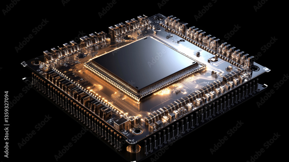 Poster digital circuit and quantum processor. cybercube 3d illustration. futuristic computer board. artific
