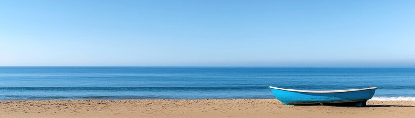 Fototapeta premium A small blue boat rests peacefully on a sandy beach by the ocean