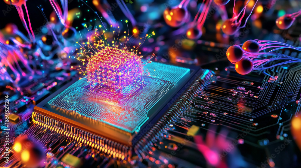 Poster futuristic cpu. quantum processor in the global computer network. 3d illustration of digital cybersp
