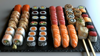 Assorted sushi platter. Various types of sushi rolls and nigiri.  A wide selection of fresh seafood