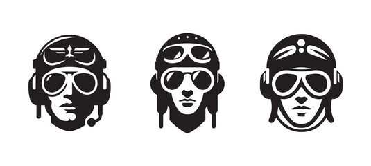 Aviator pilot black vector silhouette logo icon isolated on white background, clip art design