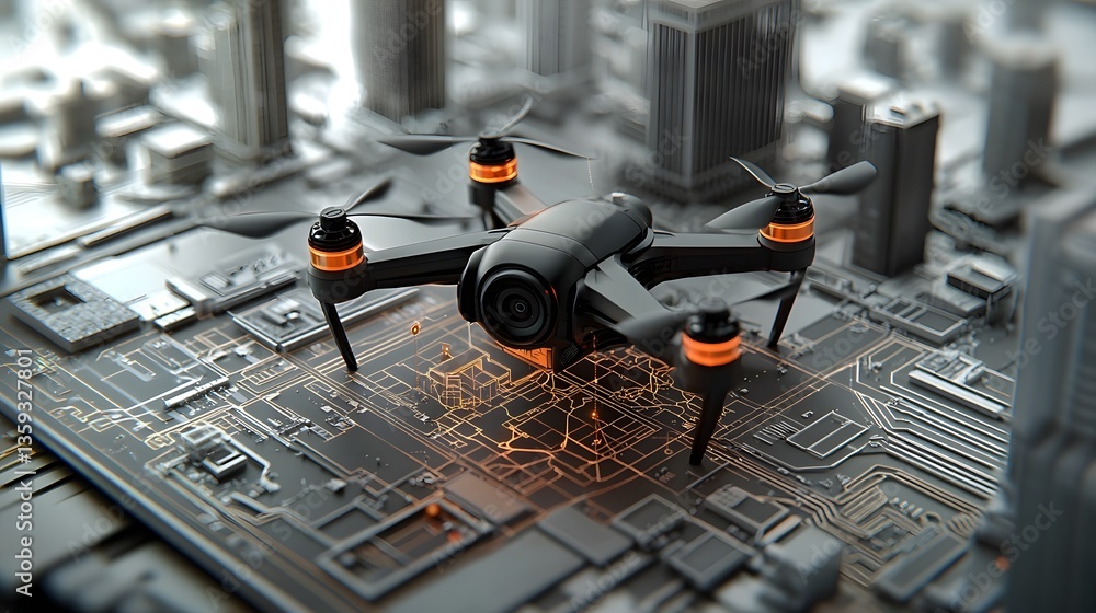Poster Aerial drone equipped with a range of sensors including lidar and radar surveying a complex urban environment to gather data for infrastructure analysis and planning