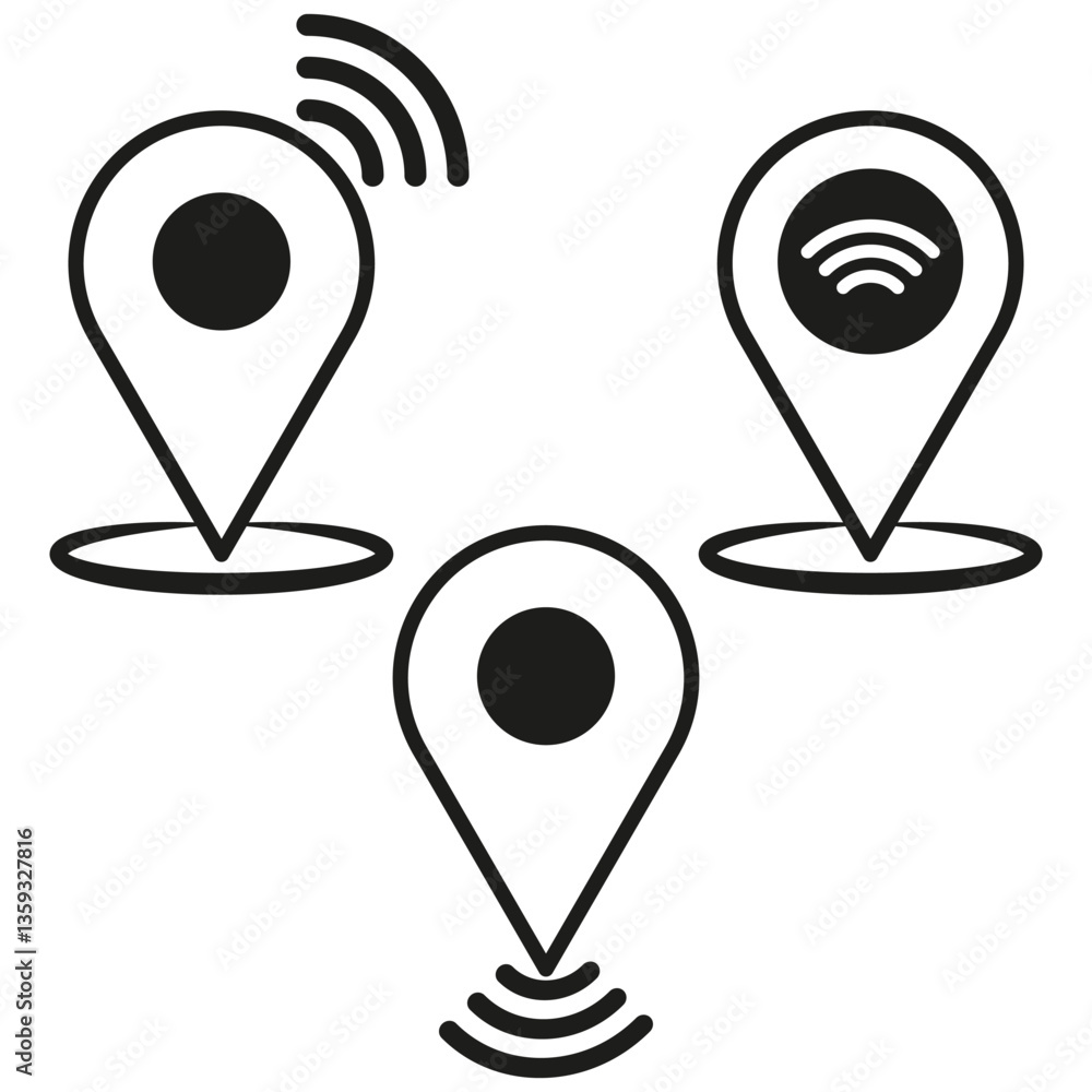 Poster location pin icon. wireless signal focus. black vector symbol. modern navigation shape.