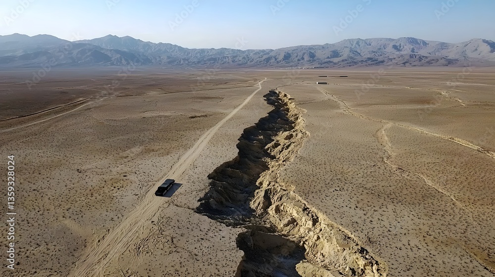 Poster Aerial Lidar mapping revealing hidden geological fault lines cutting through the remote and rugged desert landscape