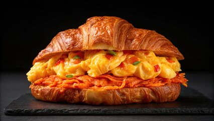 A croissant filled with scrambled eggs and vegetables, placed on a dark slate background, showcasing a delicious breakfast option.