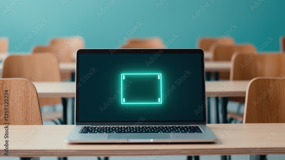 Poster cyber security awareness firewall training concept. laptop on a desk in an empty classroom setting.