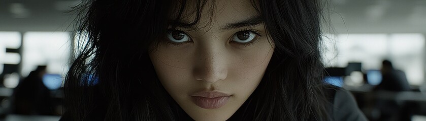 A young woman staring directly at the camera with intensity