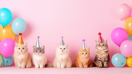 Five adorable cats wearing party hats sit in front of colorful balloons against a pink background, creating a festive and playful atmosphere.
