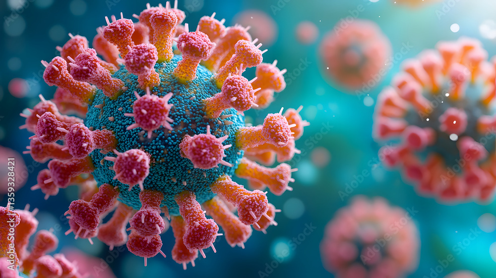 Poster microscopic menace: a detailed, close-up view of the virus showcasing its complex structure, with vi