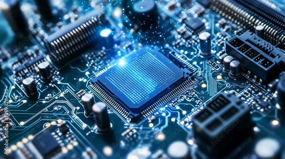 Poster tiled cyber structure. nanotechnologies in processors and computer circuits. 3d illustration of digi