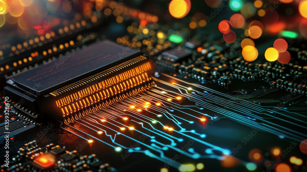 Poster tiled cyber structure. nanotechnologies in processors and computer circuits. 3d illustration of digi