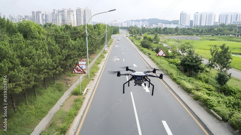 Fototapete aerial perspective showing an autonomous vehicle equipped with lidar sensors navigating an urban roa