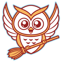 Cartoon Owl Flying with Broom, Winged Bird in White Background