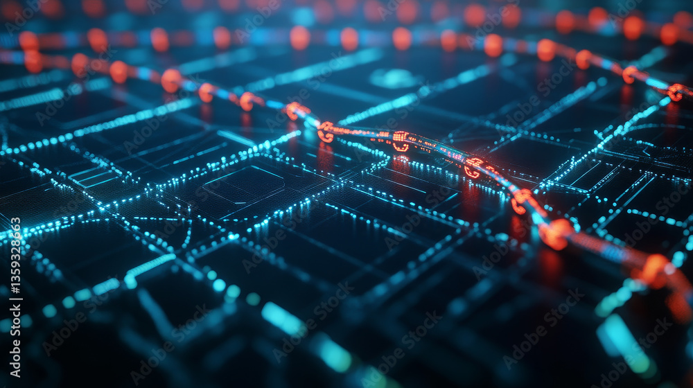 Poster digital neural network. blockchain technology. 3d illustration of the information concept of future 