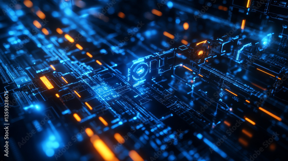 Poster digital neural network. blockchain technology. 3d illustration of the information concept of future 