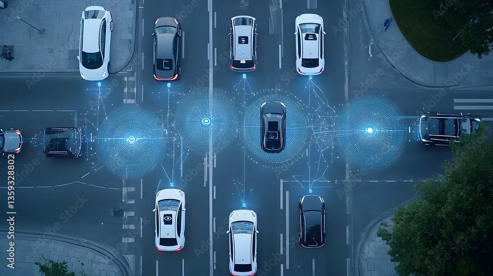 Leinwandbilder Aerial view of a futuristic smart city where autonomous electric vehicles seamlessly navigate through a network of Lidar based monitoring and mapping systems