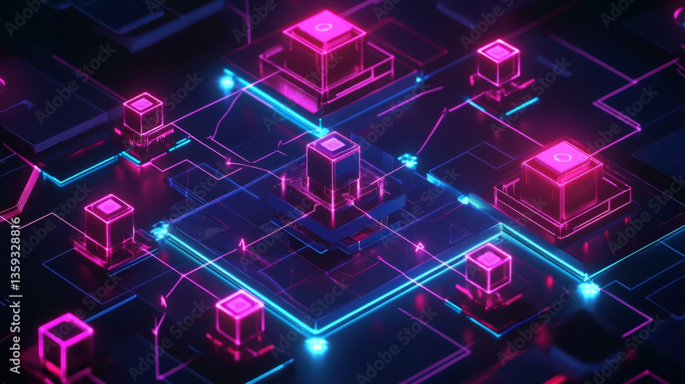 Poster digital neural network. blockchain technology. 3d illustration of the information concept of future 