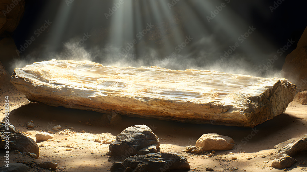 Poster illuminated stone: the scene captures a simple stone slab bathed in ethereal light within a shadowy,