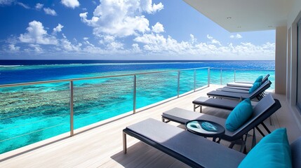 Fototapeta premium A sleek modern balcony overlooking the ocean, lounge chairs facing the horizon, turquoise water glistening under midday sun, soft warm lighting 