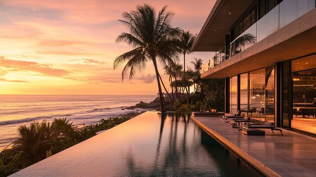 A sleek, modern beachfront mansion with expansive glass walls, infinity pool overlooking the ocean, golden hour lighting, lush palm trees framing the property 