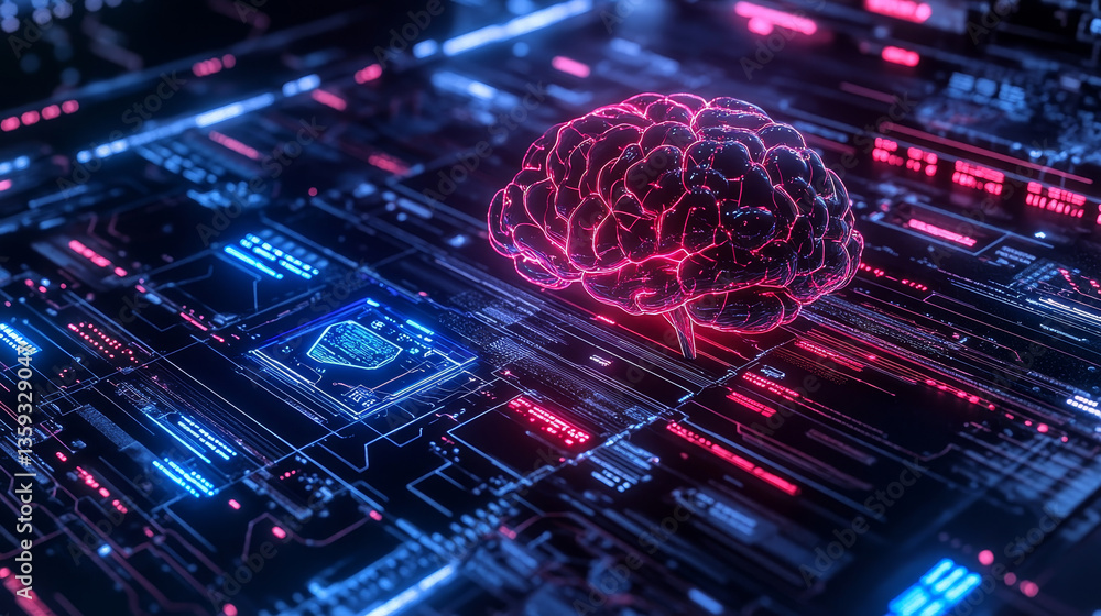 Poster futuristic computer panel, digital circuit and quantum processor concept. 3d illustration of high-te