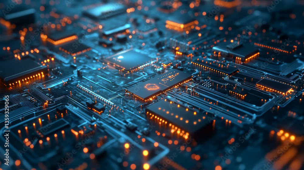 Poster futuristic computer panel, digital circuit and quantum processor concept. 3d illustration of high-te