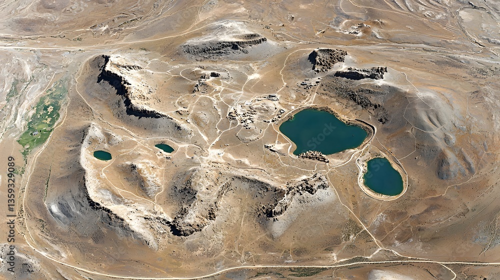 Poster aerial view of a remote arid desert landscape captured by a hyperspectral imaging satellite revealin