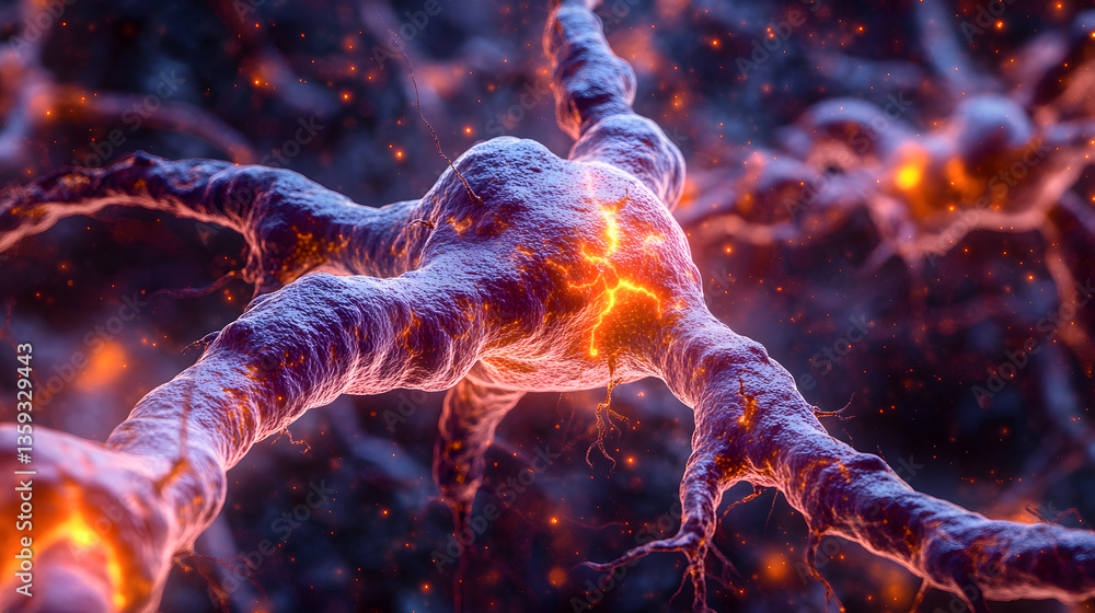 Poster neural pathways: a high-resolution depiction of a complex network of neurons and synapses, bathed in
