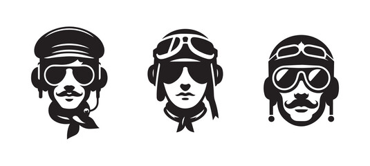Aviator pilot black vector silhouette logo icon isolated on white background, clip art design