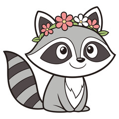 Cartoon Raccoon with Flower Crown, Cute Animal, Gray, Striped Tail, Smiling Character