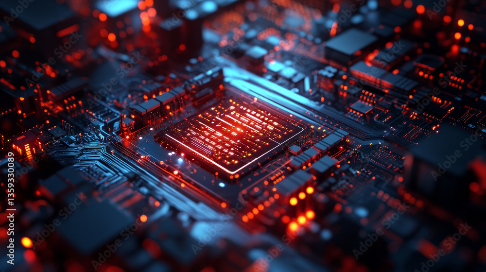 Poster futuristic circuit board. cpu 3d illustration. motherboard digital chip. hi-tech science background.