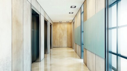 Modern Office Elevator Hallway Interior with Glass, Metal, and Concrete Design in High-Rise Commercial Building