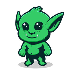 Naklejka premium A chibi style green goblin with big eyes, pointy ears, small fangs, and a cheerful smile. Designed with bold outlines and bright colors, perfect for mascots, stickers or kid's designs.