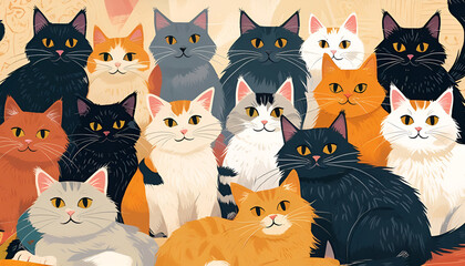 A whimsical, vibrant illustration of multiple cats 
