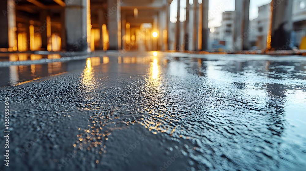 Poster reflecting on construction: an abstract perspective unveils a wet surface under the framework of a b