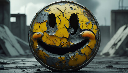 A heavily weathered and corroded smiley face emoji