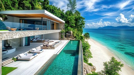 Fototapeta premium Aerial view of a luxurious beachfront villa, sleek modern design, infinity pool reflecting the ocean, white sandy beach just steps away, vibrant midday light. 
