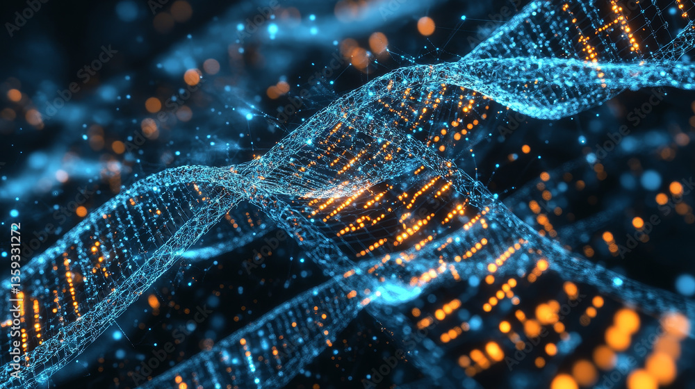 Poster coding synthetic dna helix. nanotechnology and medical research. stream of binary code in cyberspace