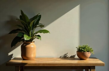 Fototapeta premium two potted plants on wooden table against white wall