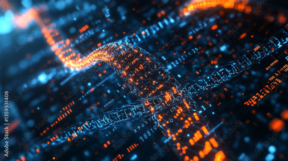 Poster coding synthetic dna helix. nanotechnology and medical research. stream of binary code in cyberspace