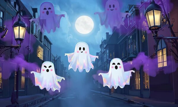 spooky cute little ghosts on halloween illustrated animation