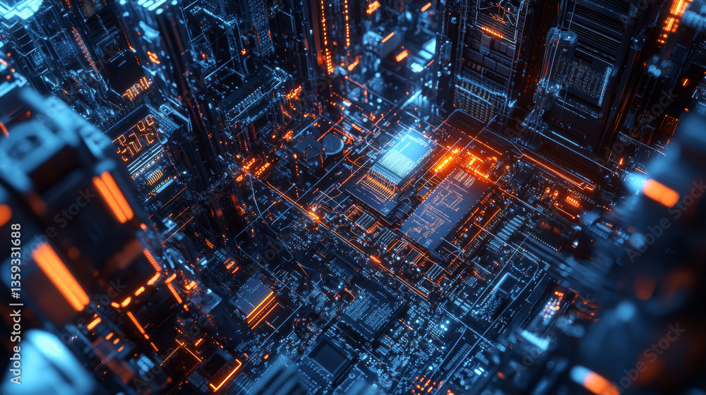 Poster futuristic data center. abstract concept of nano processor and high-tech digital element. 3d illustr