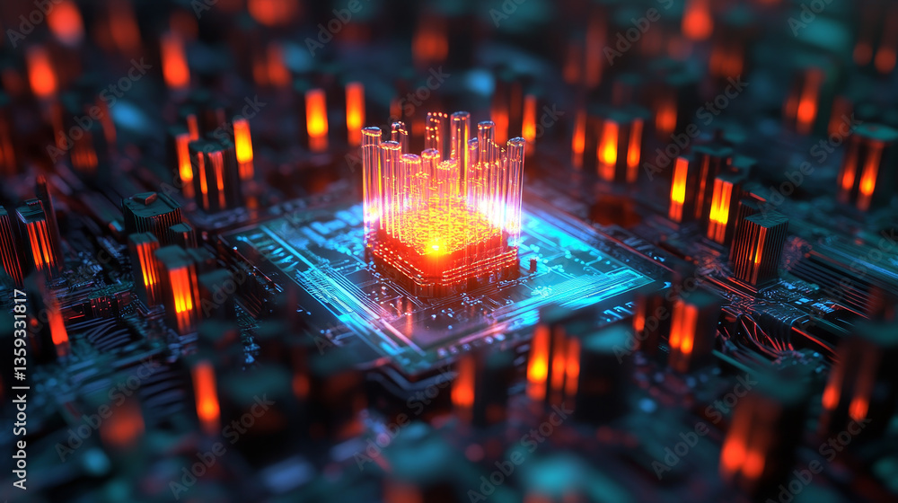 Poster futuristic data center. big data analytics platform. quantum processor in the global computer networ