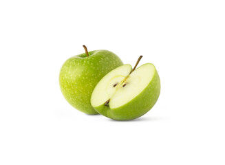 Whole apple and a half isolated on white background. Green apples with clipping path.